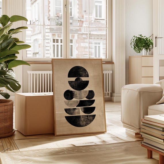 Geometric Stack Abstract Modern Minimalist Black And Beige Wall Art