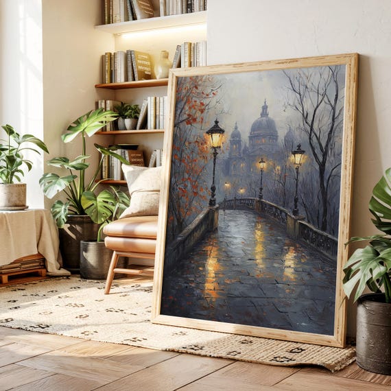 Romantic Rainy City Street Poster, Moody Autumn Fog