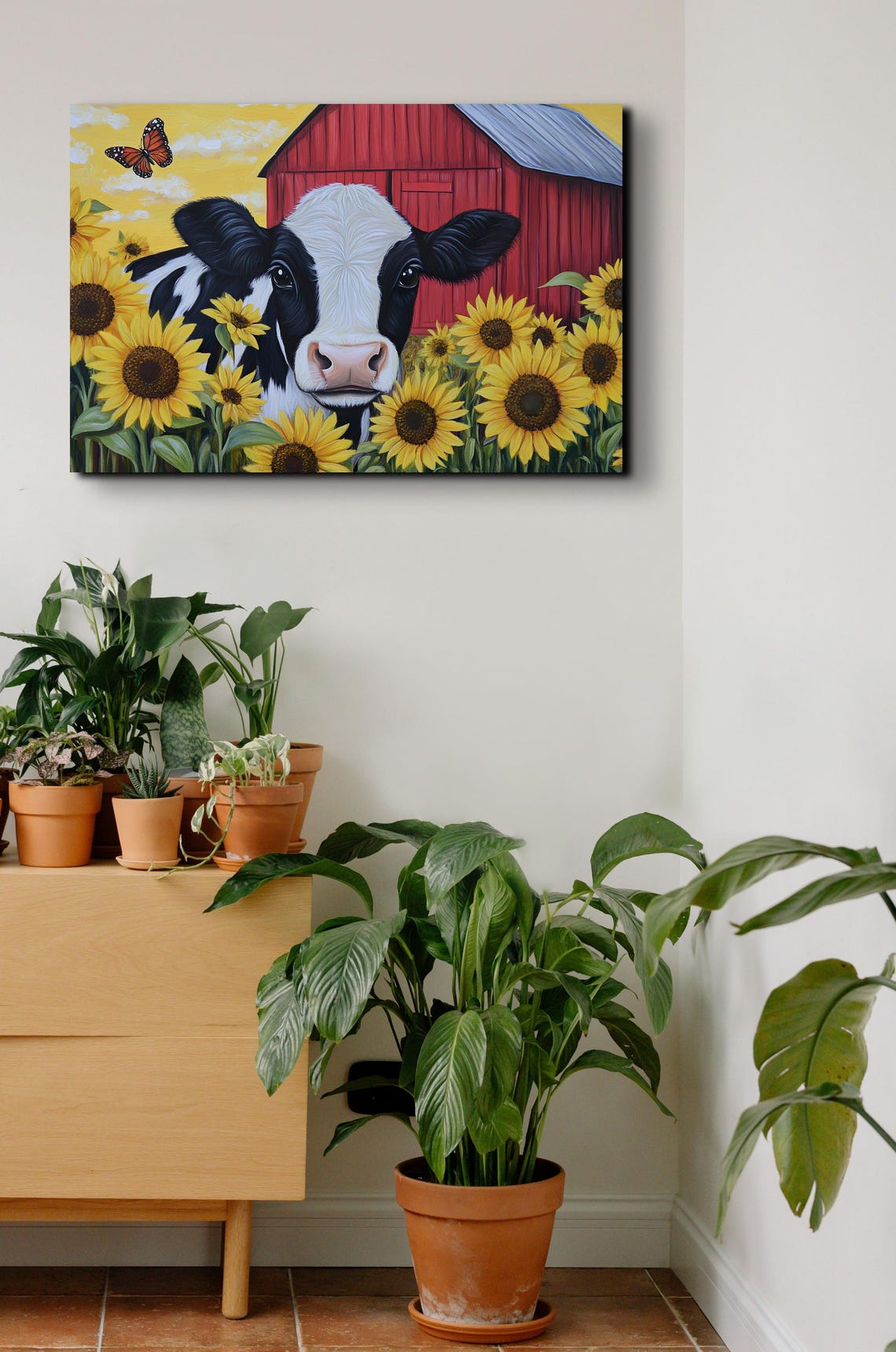 Black and White Cow Among Sunflowers Red Barn Country Poster - Image 6