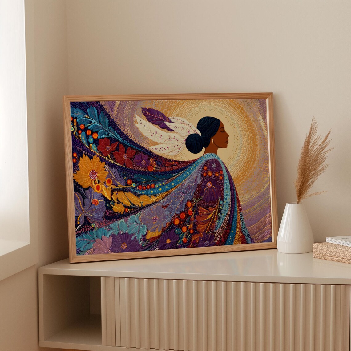 Native Woman With Feathered Hair Bold Floral Folk Art Poster