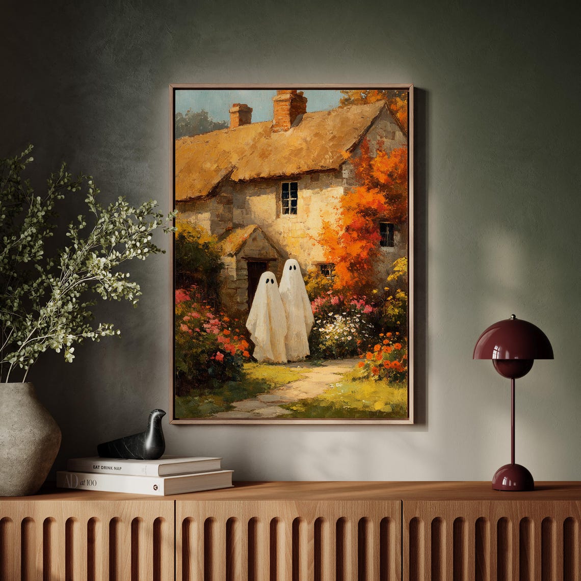 Cute Ghosts at Stone Cottage Door in Blooming Autumn Garden Poster
