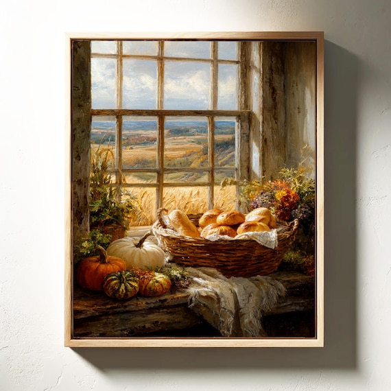 Autumn Harvest Bread Basket By Window Farmhouse Still Life Art Poster