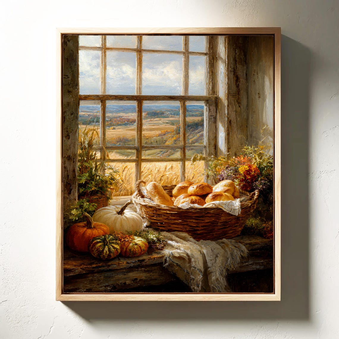 Autumn Harvest Bread Basket By Window Farmhouse Still Life Art Poster