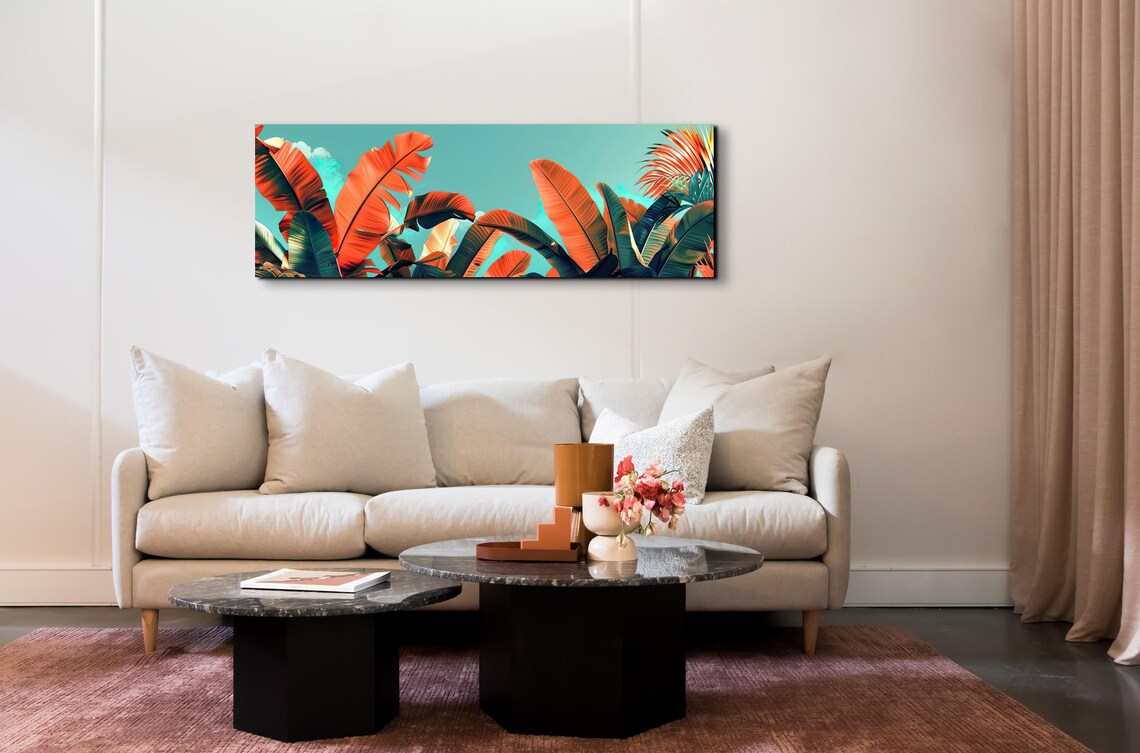 Burnt Orange Banana Leaves Against a Teal Sky Panoramic Poster - Image 5
