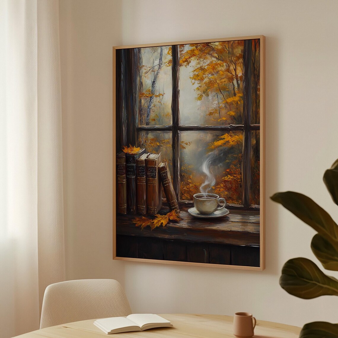 Autumn Window Scene, Cozy Coffee Rustic Books
