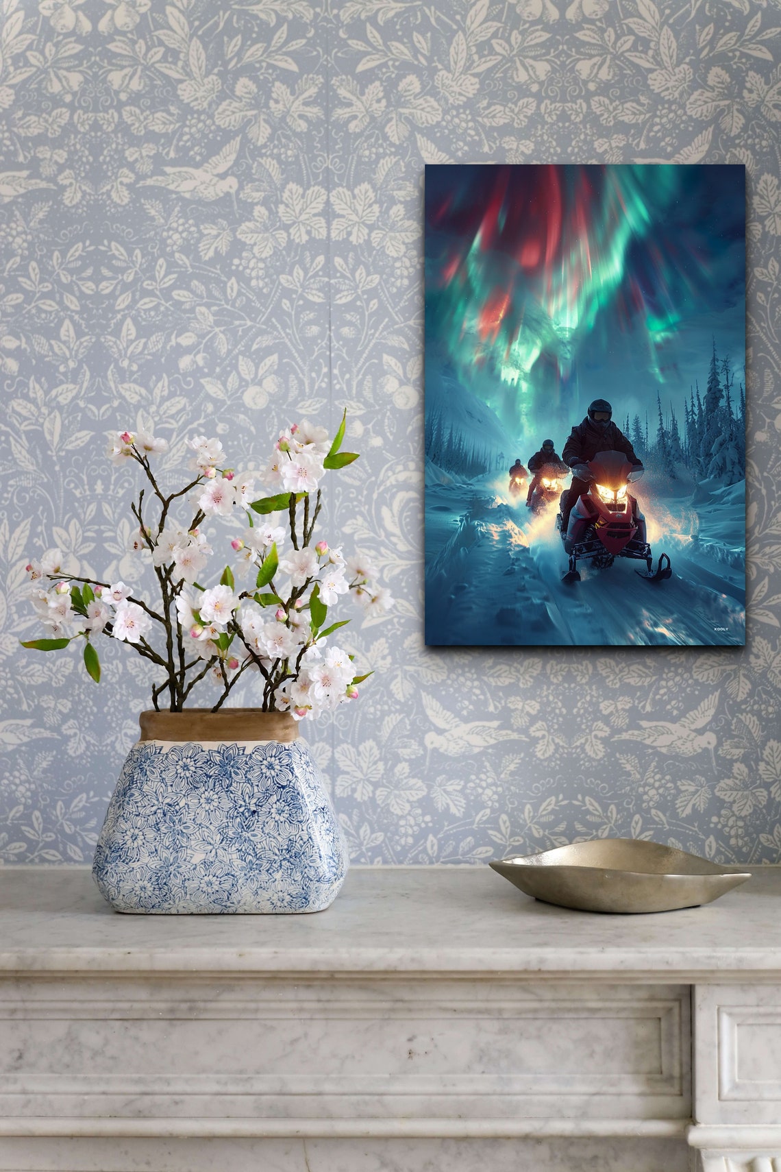 Snowmobile Group Night Ride Aurora Borealis Snowy Forest Poster - Image 4