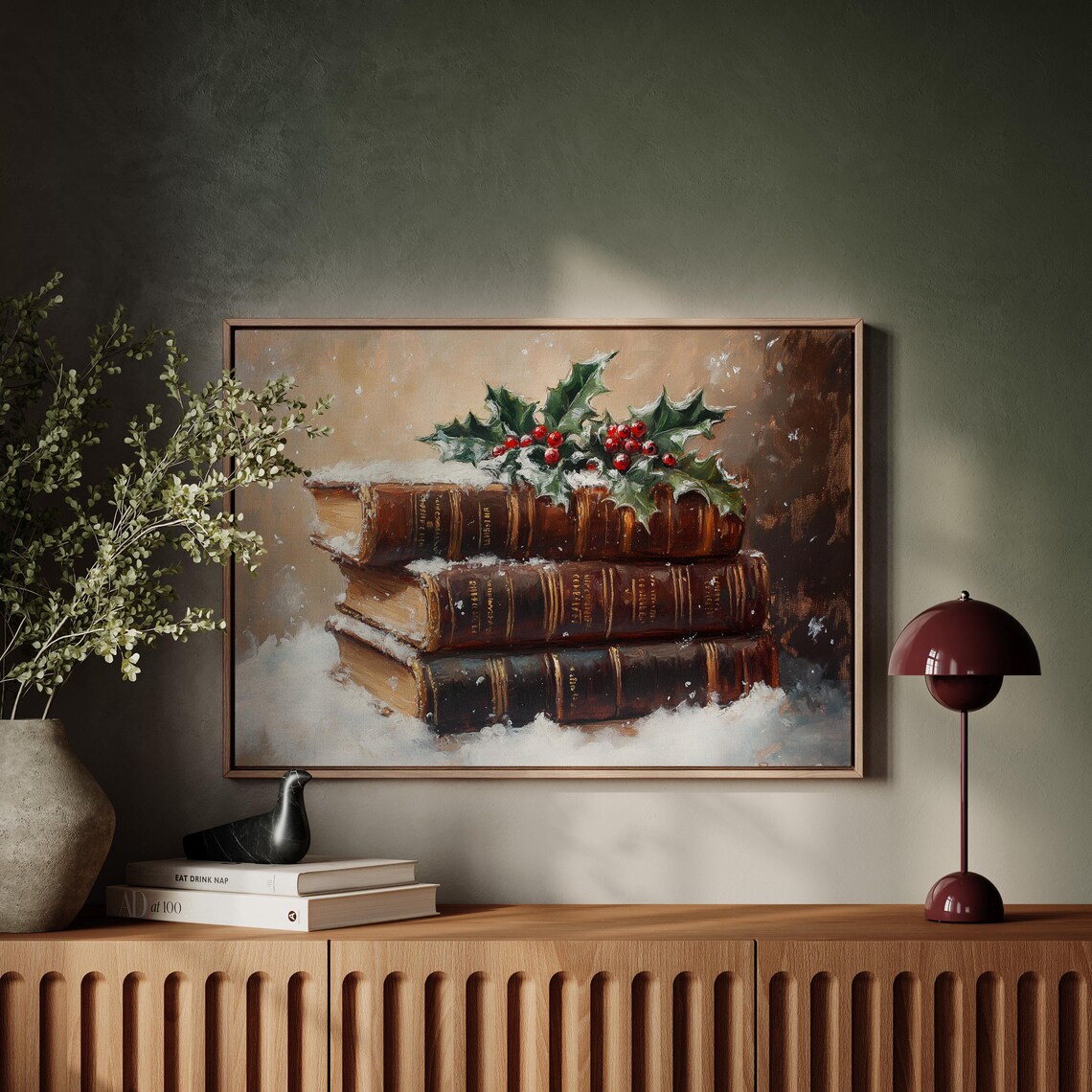 Antique Books Snow Holly Berries Christmas Vintage Winter Art Poster - Image 5