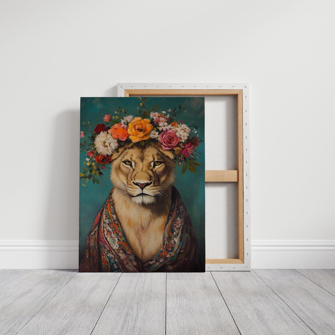 Lioness Flower Crown Orange Roses Patterned Shawl Regal Poster - Image 3