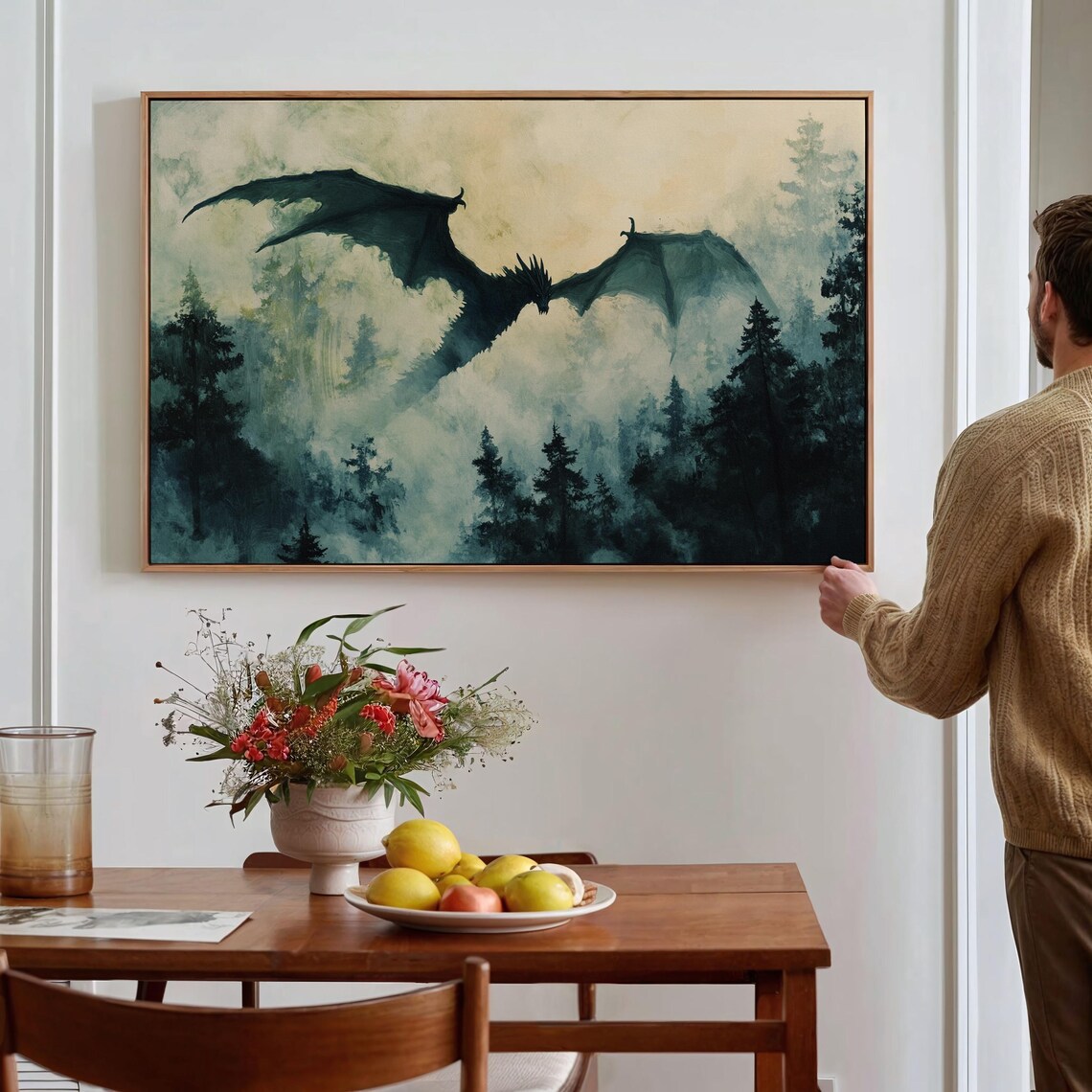 Majestic Dragon Silhouette Soaring Above Misty Forest Stunning Fantasy Wall Art For Home Or Office Decor - Image 2