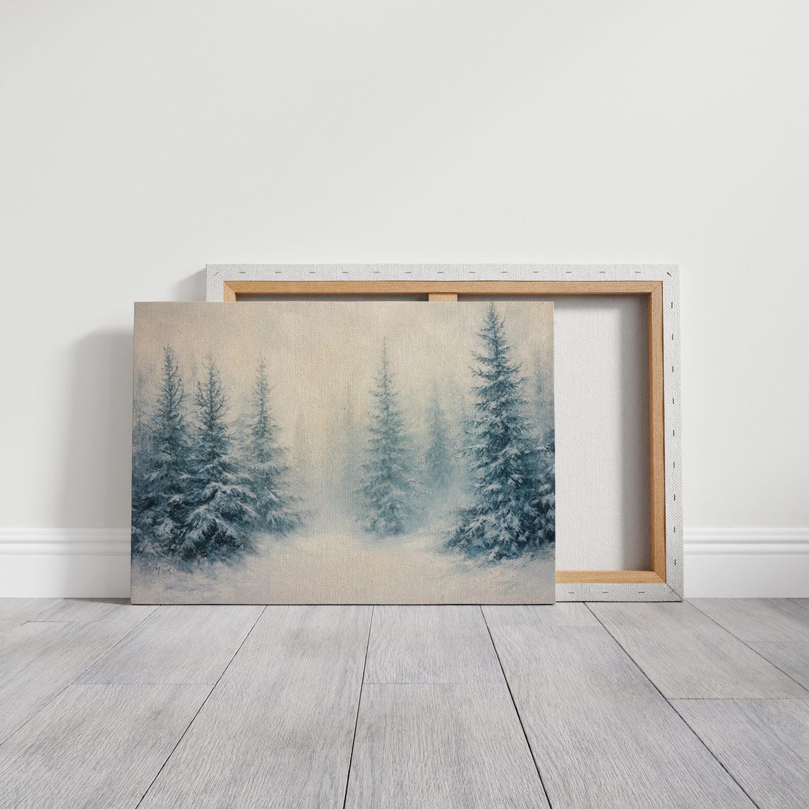 Snowy Blue Pine Forest Mist Frosty Winter Landscape Wall Art - Image 3