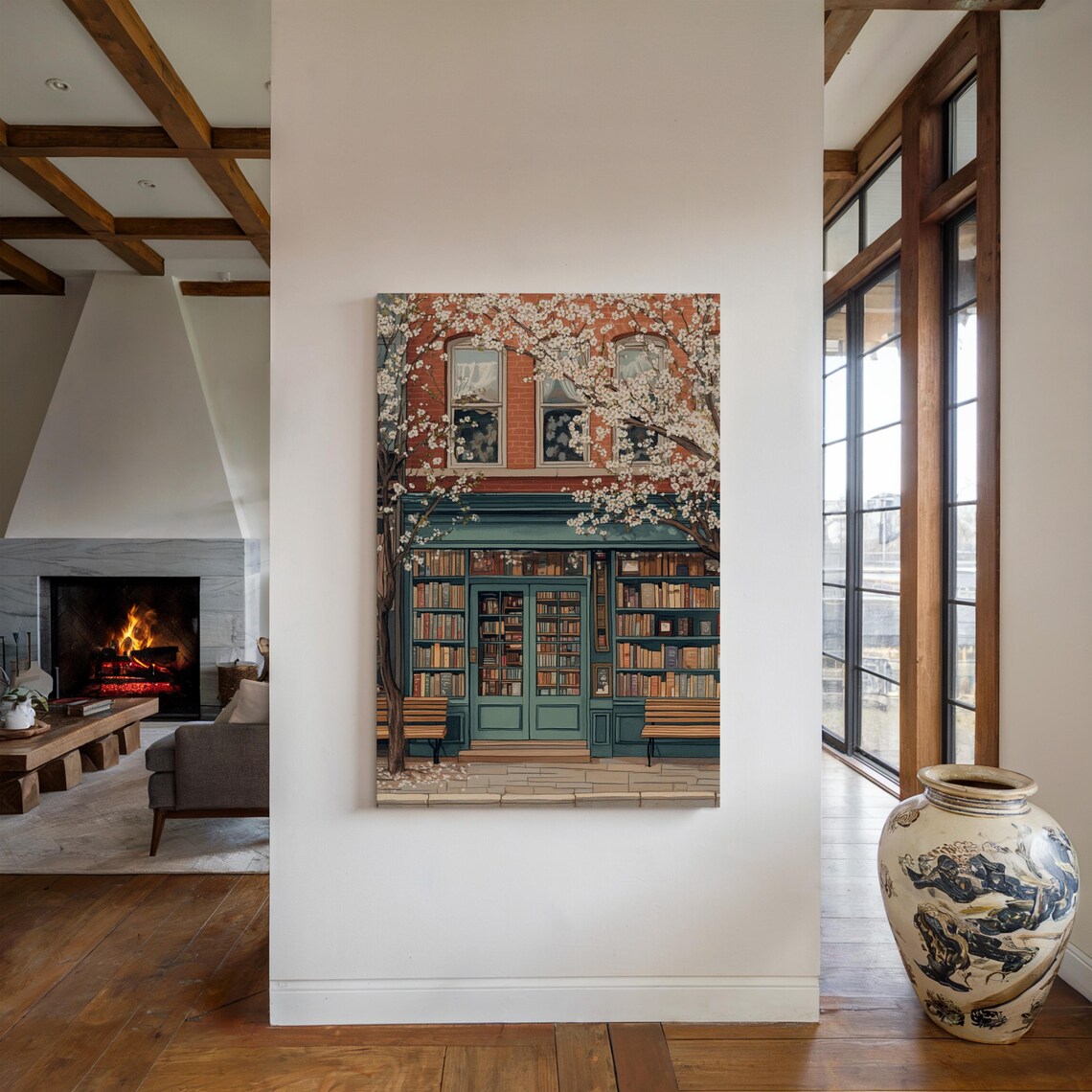 Bookshop Glass Doors Poster With Cherry Blossom Branches And Benches - Image 3