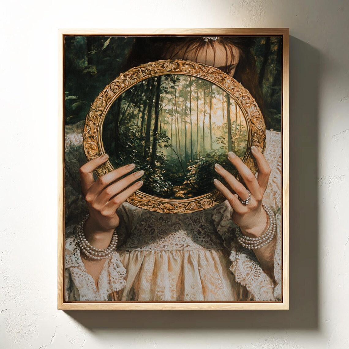 Woman Holding Ornate Gold Mirror Reflecting Sunlit Forest Poster - Image 6