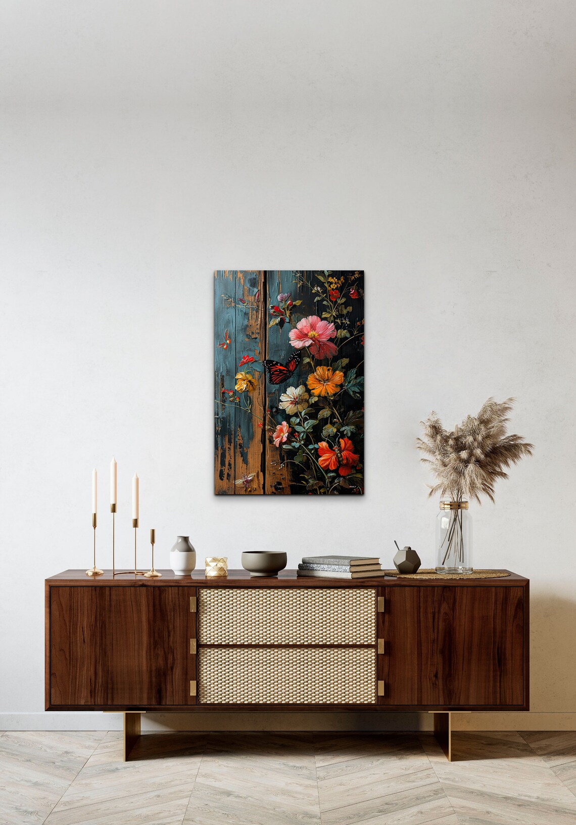 Moody Floral Butterfly Weathered Blue Wood Botanical Wall Art - Image 3