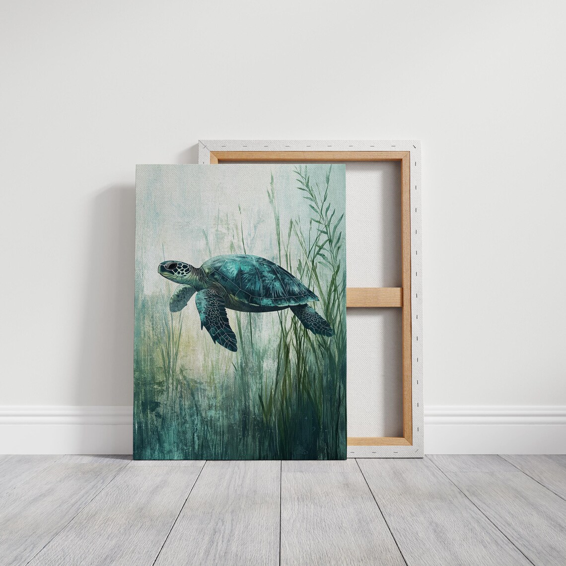 Sea Turtle Swimming Through Watercolor Seagrass Teal Ocean Art Poster - Image 5