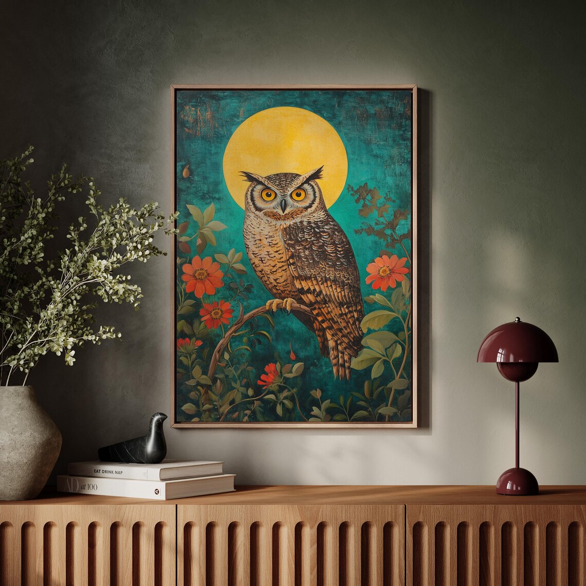 Golden Moonlit Owl Art Print, Vibrant Floral Decor