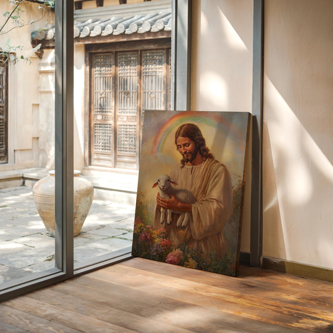 Jesus Holding Lamb With Rainbow, Christian Decor - Image 5
