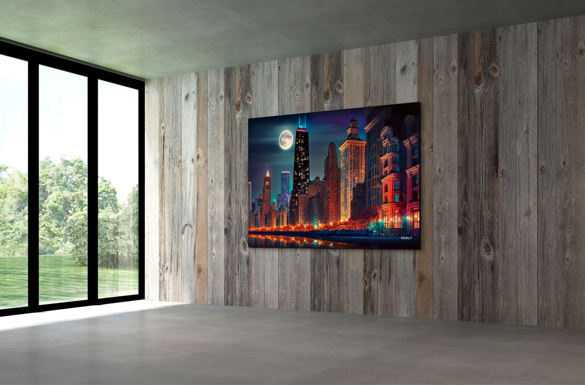 Chicago Downtown Skyline Full Moon Night Lights Cityscape Poster - Image 6