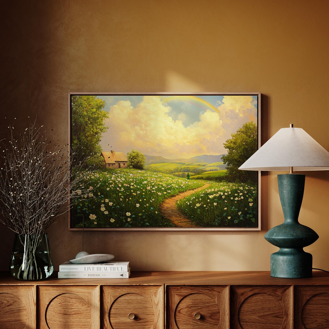 Scenic Irish Countryside Cottage Rainbow, Landscape Art - Image 6