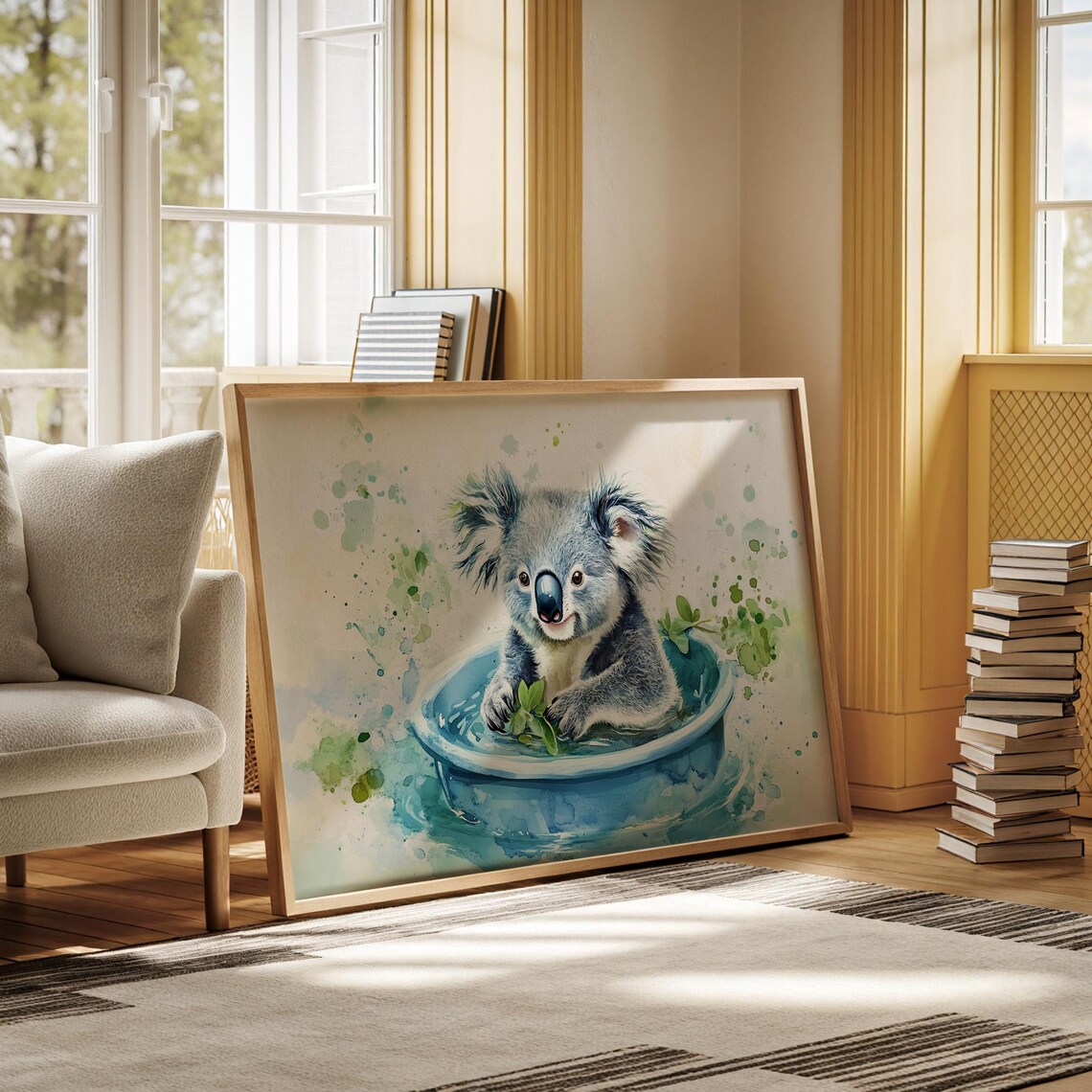 Sweet Baby Koala Bathing in a Blue Tub Watercolor Art Poster - Image 5