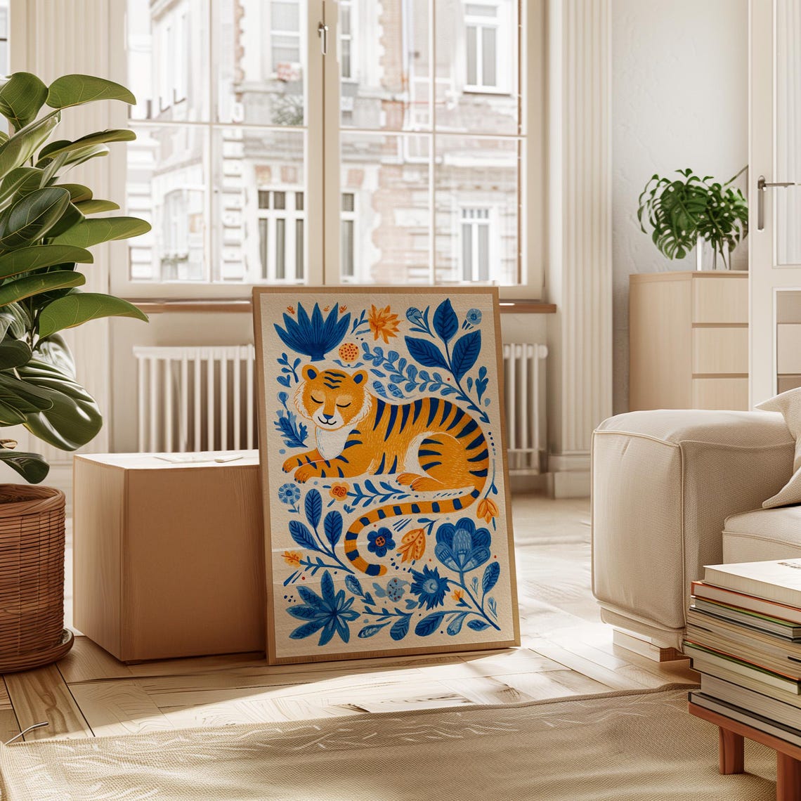 Sleeping Floral Tiger Poster In Blue And Gold Folk Art Style