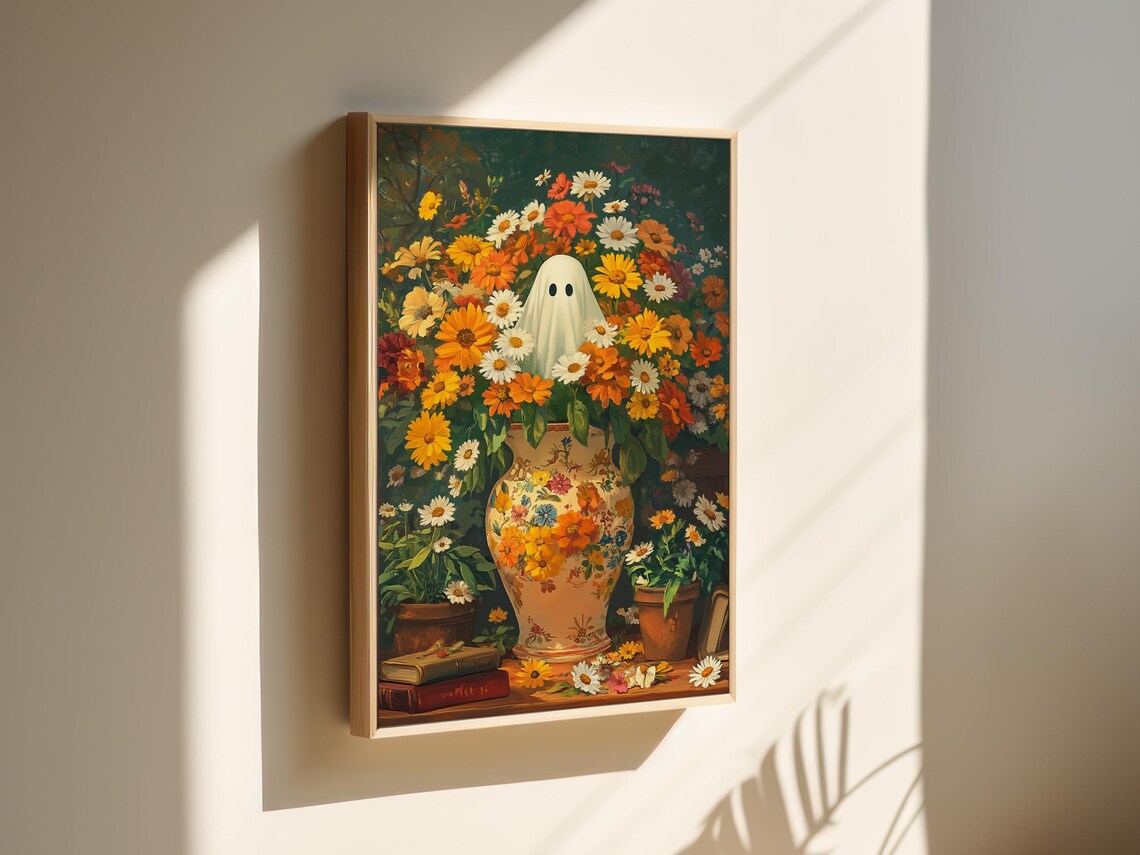 Ghost In Floral Vase Whimsical Cottagecore Halloween Autumn Print - Image 3