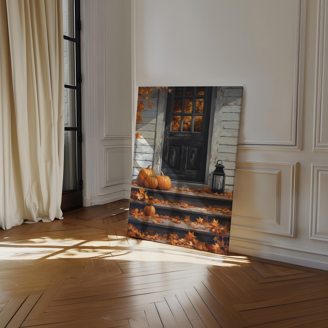 Fall Front Porch With Pumpkins Lantern And Autumn Leaves Decor Wall Art - Image 4
