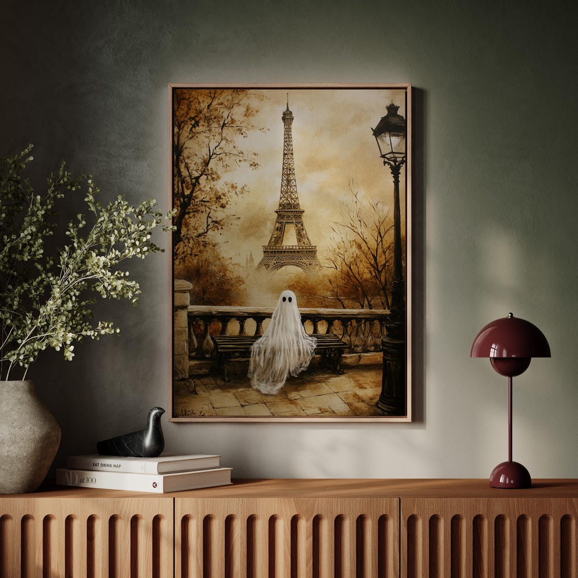 Cute Ghost With Eiffel Tower Paris Autumn Spooky Vintage Wall Art - Image 4