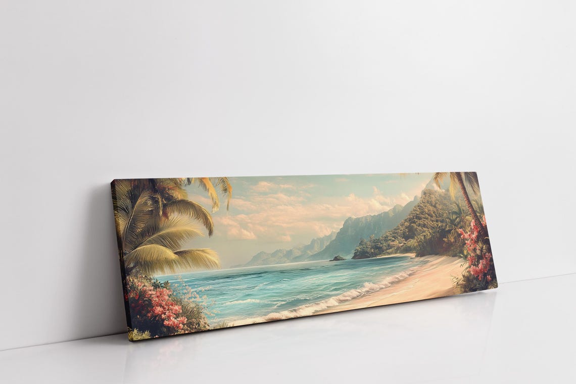 Tropical Beach Art Vintage Coastal Landscape Print Palm Trees Ocean Wall Decor Island Paradise Panoramic Painting - Image 3