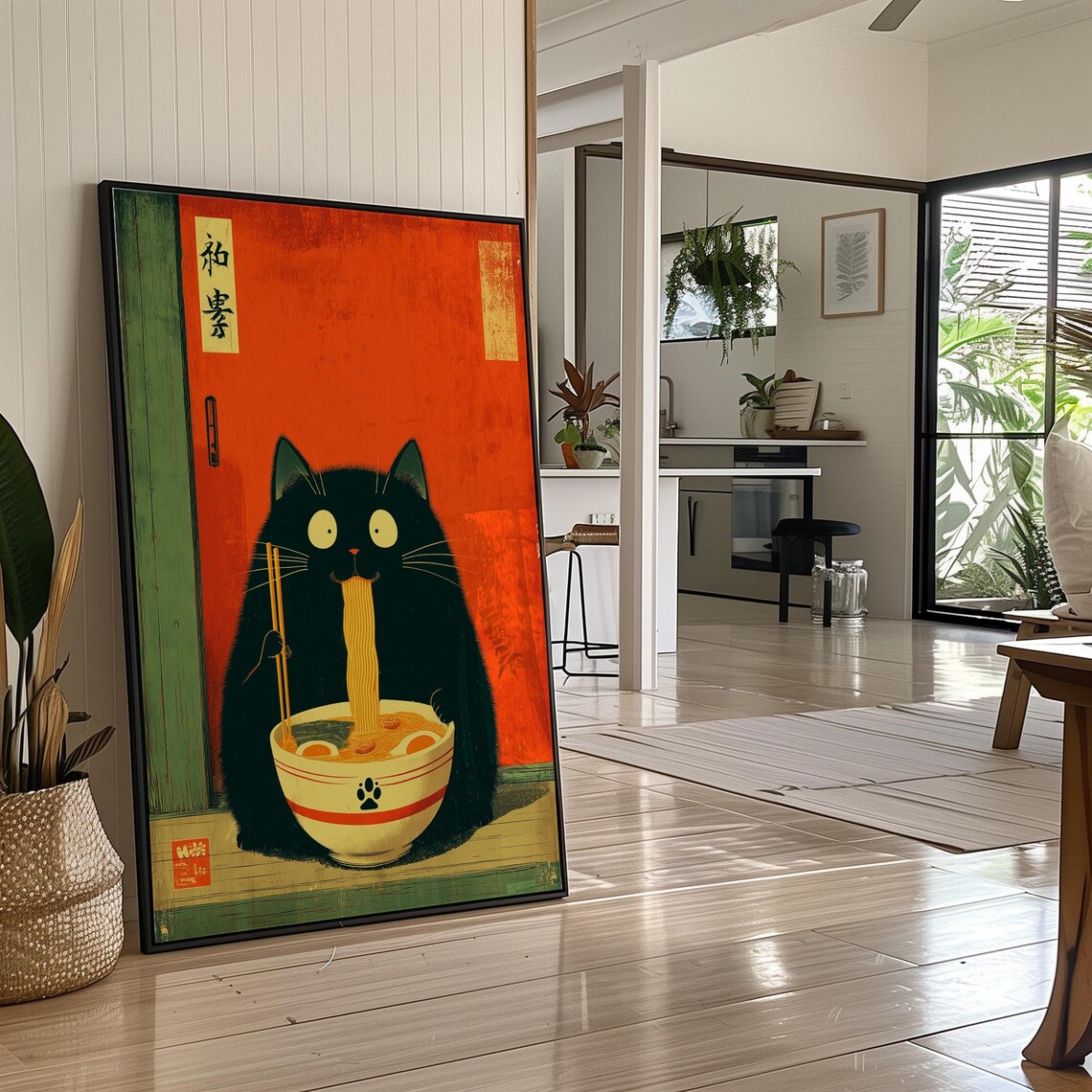 Black Cat Slurping Ramen Bowl Japanese Woodblock Style Wall Art