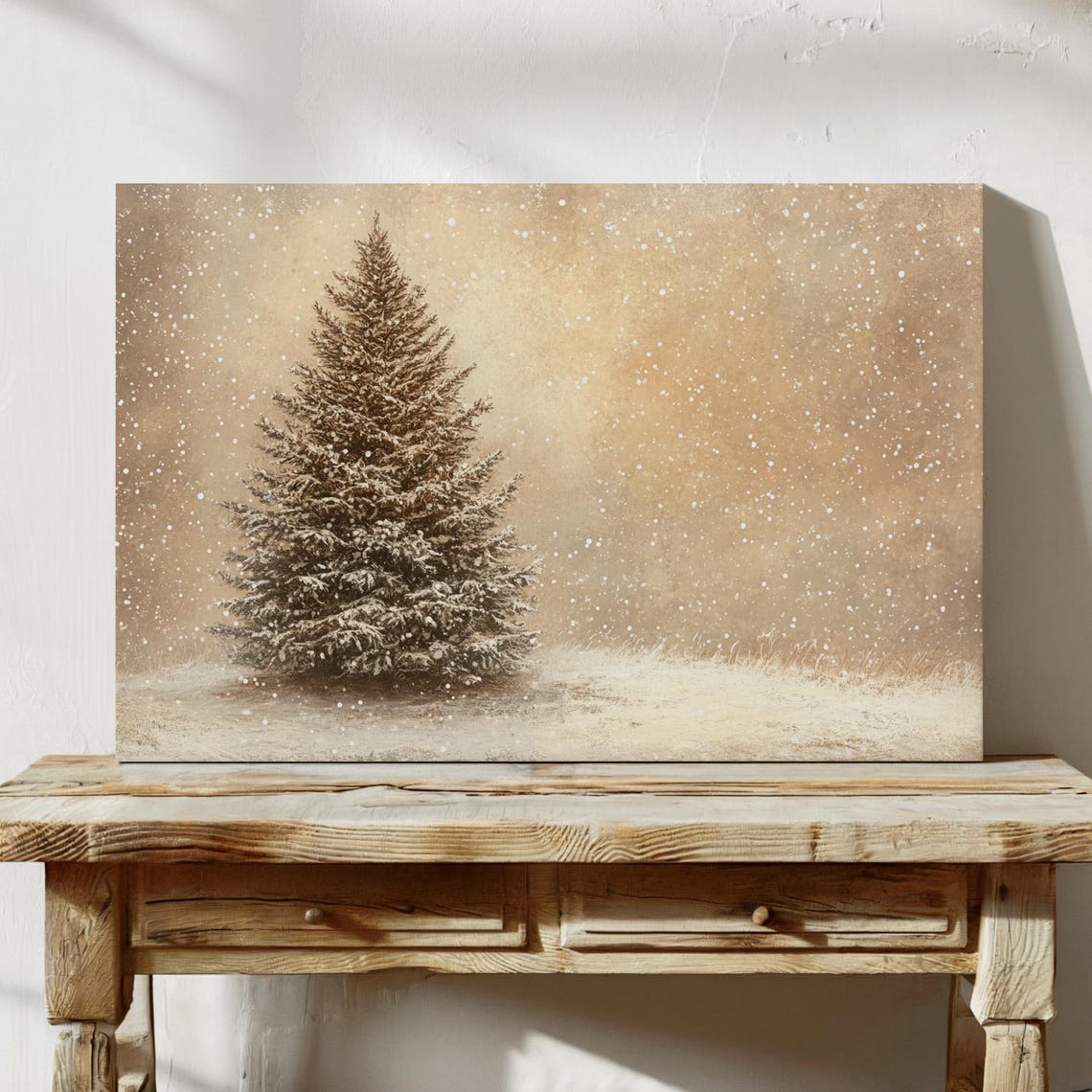 Lone Snowy Evergreen Tree In Snowstorm Sepia Minimal Winter Poster - Image 7