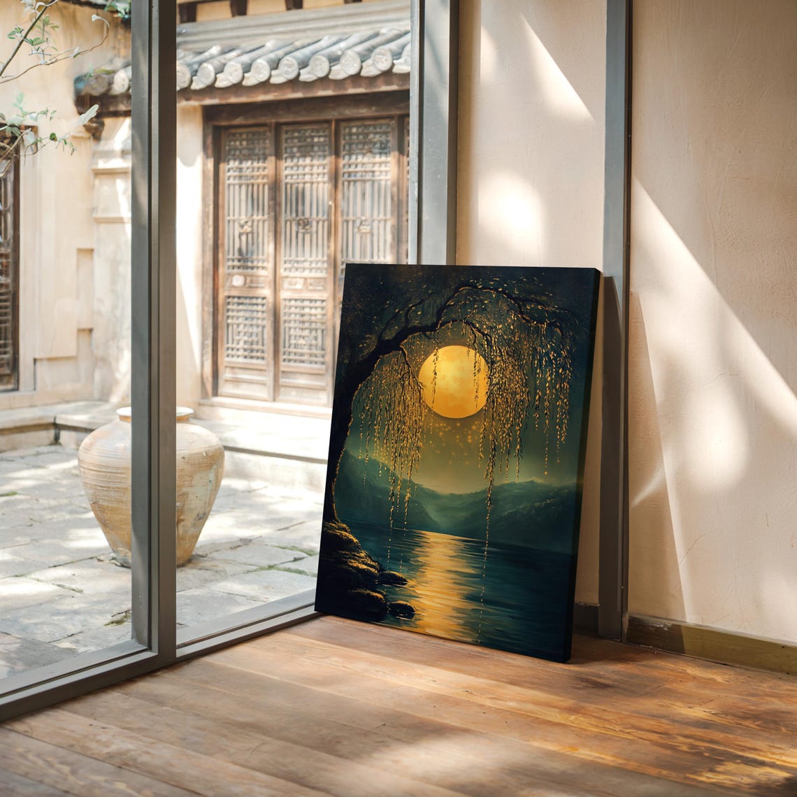 Golden Full Moon Behind Willow Tree Over Quiet Lake Night Poster - Image 7
