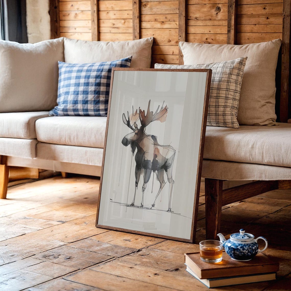 Minimalist Moose Watercolor Ink Drawing