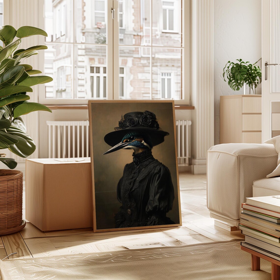 Victorian Kingfisher Portrait in Black Hat and Lace Dress Dark Elegant Poster