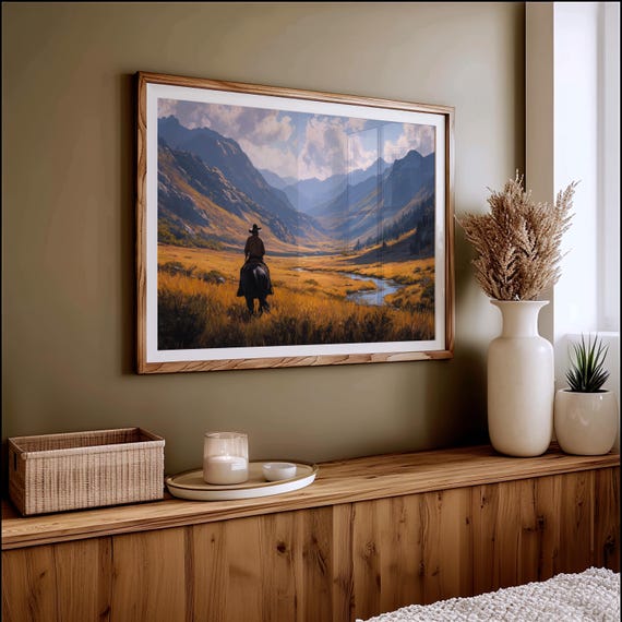 Cowboy Riding Through Golden Valley Mountains
