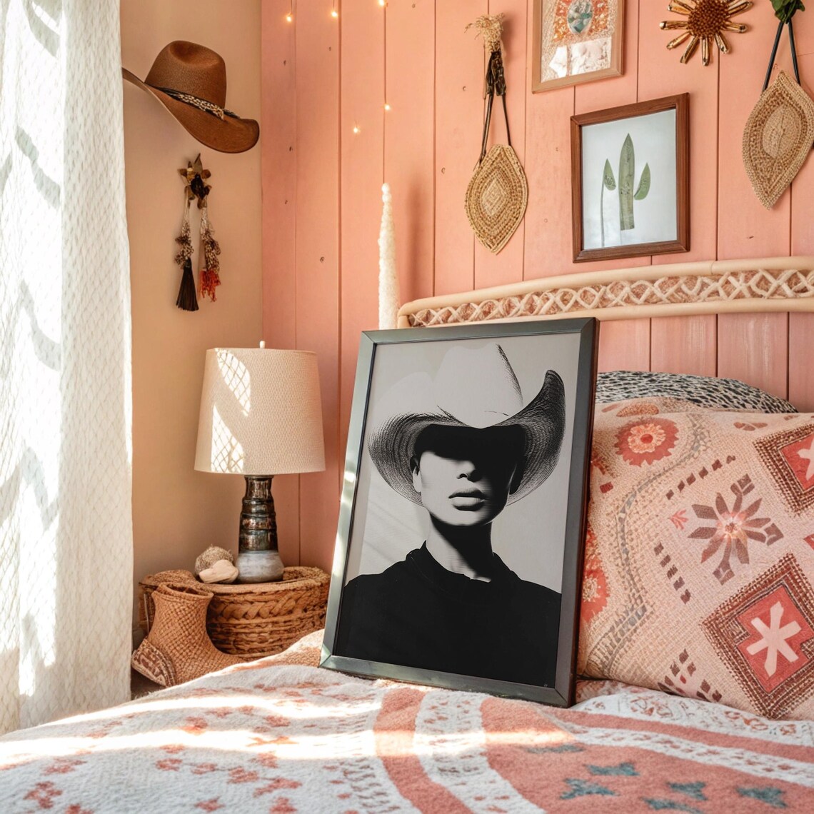 Black And White Woman In Cowboy Hat Moody Western Fashion Art Print