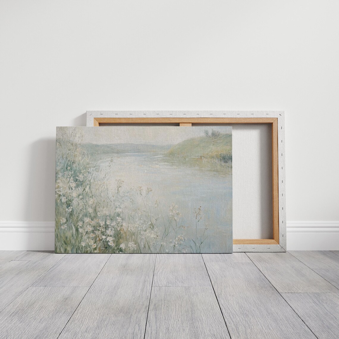 Tranquil Pastel Lake White Wildflowers Minimalist Landscape Poster - Image 7