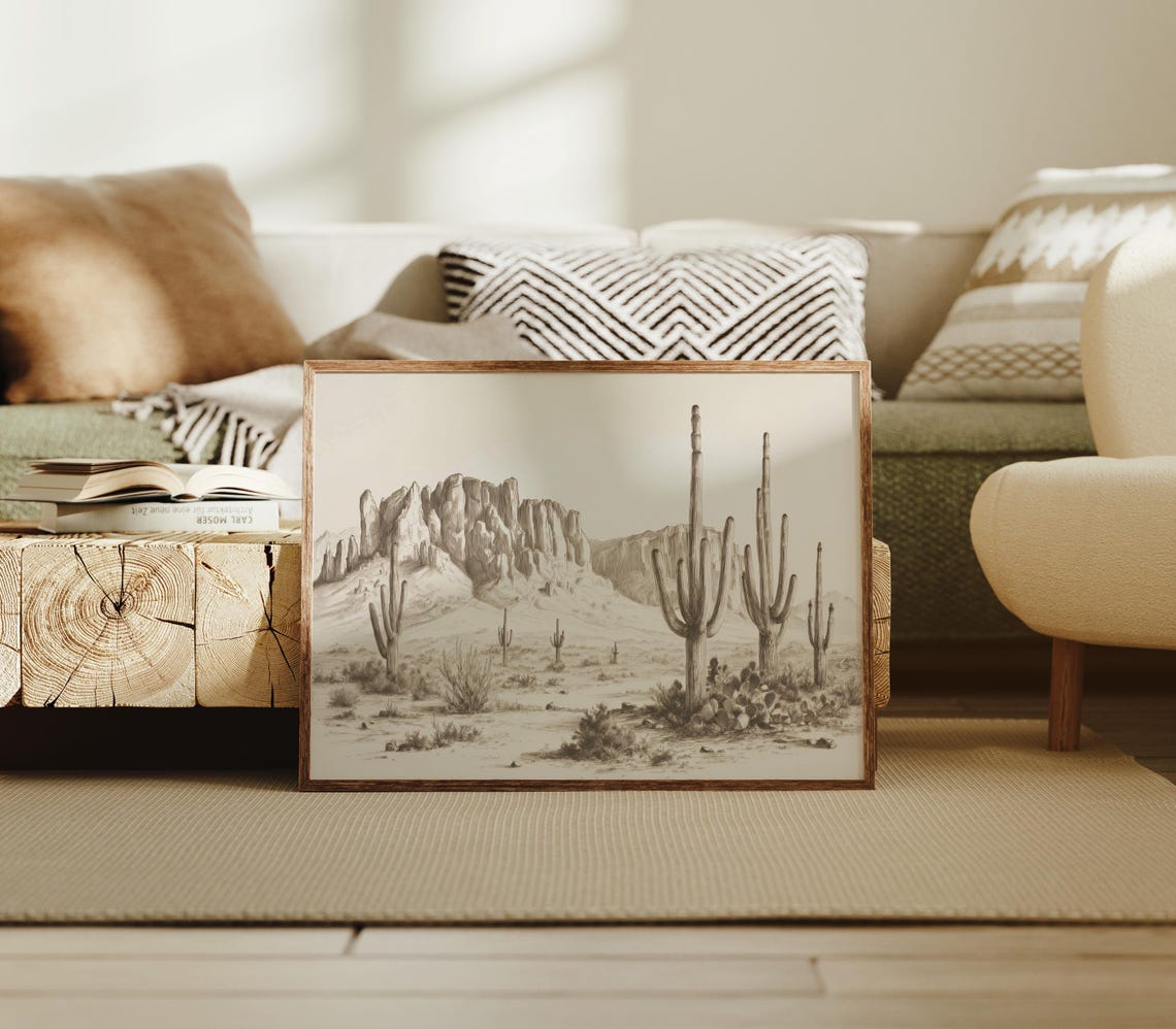 Saguaro Cactus Desert Cliffs Pencil Sketch Landscape Wall Art