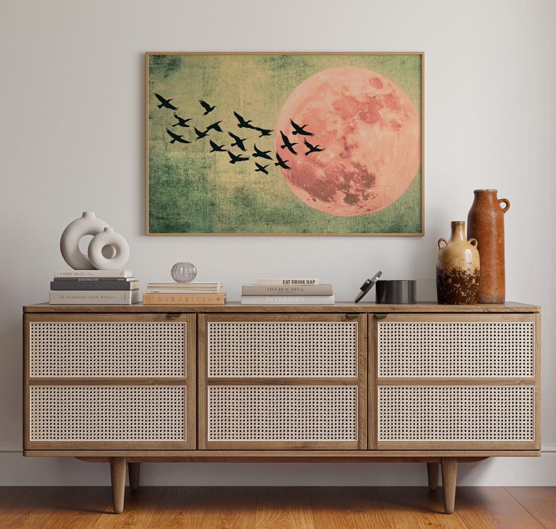 Pink Full Moon With Bird Flock Vintage Celestial Nature Poster - Image 3