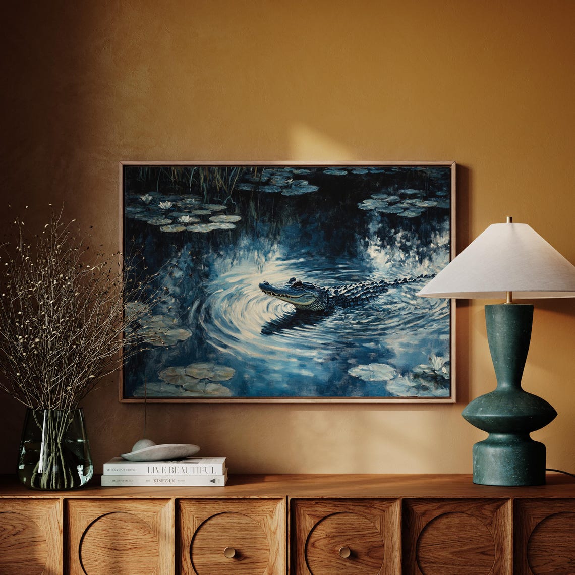 Alligator Gliding Through Moonlit Water Lily Pond Night Poster - Image 7