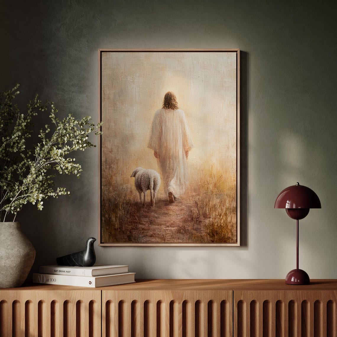 Jesus The Good Shepherd Walking With Lamb Minimalist Art Poster - Image 4