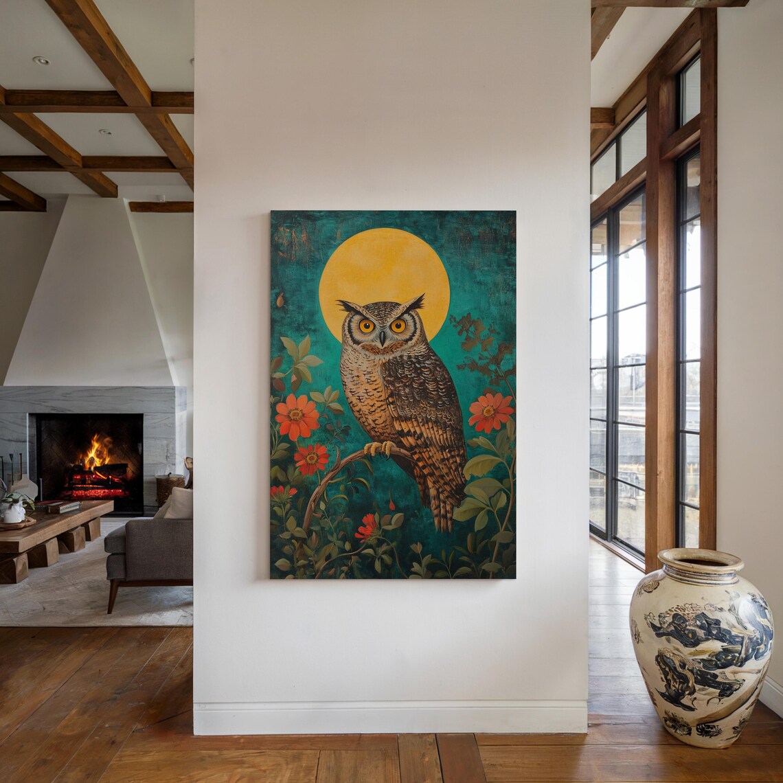 Golden Moonlit Owl Art Print, Vibrant Floral Decor - Image 4