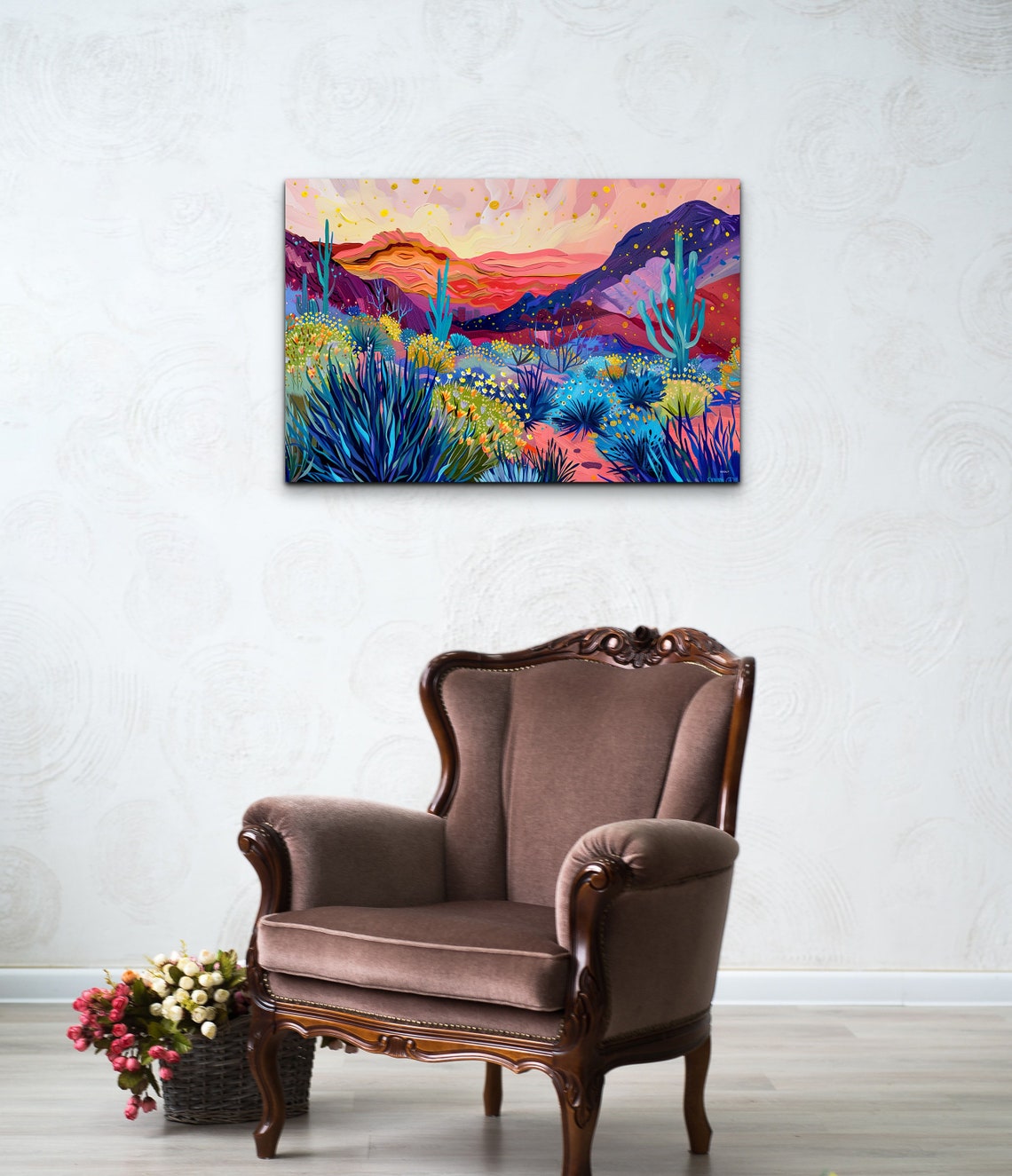 Neon Desert Sunset With Blue Agave and Red Mountains Wall Art - Image 4
