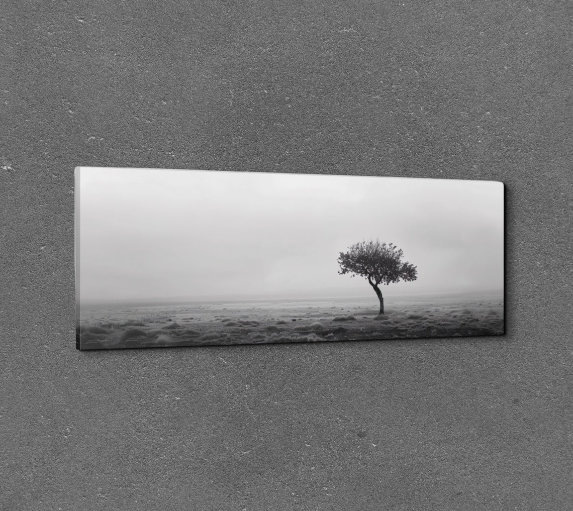 Black And White Lone Tree In A Misty Field Minimalist Poster - Image 7