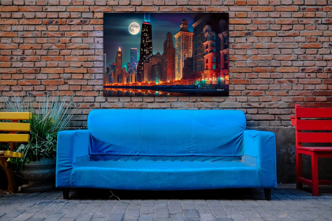 Chicago Downtown Skyline Full Moon Night Lights Cityscape Poster - Image 5