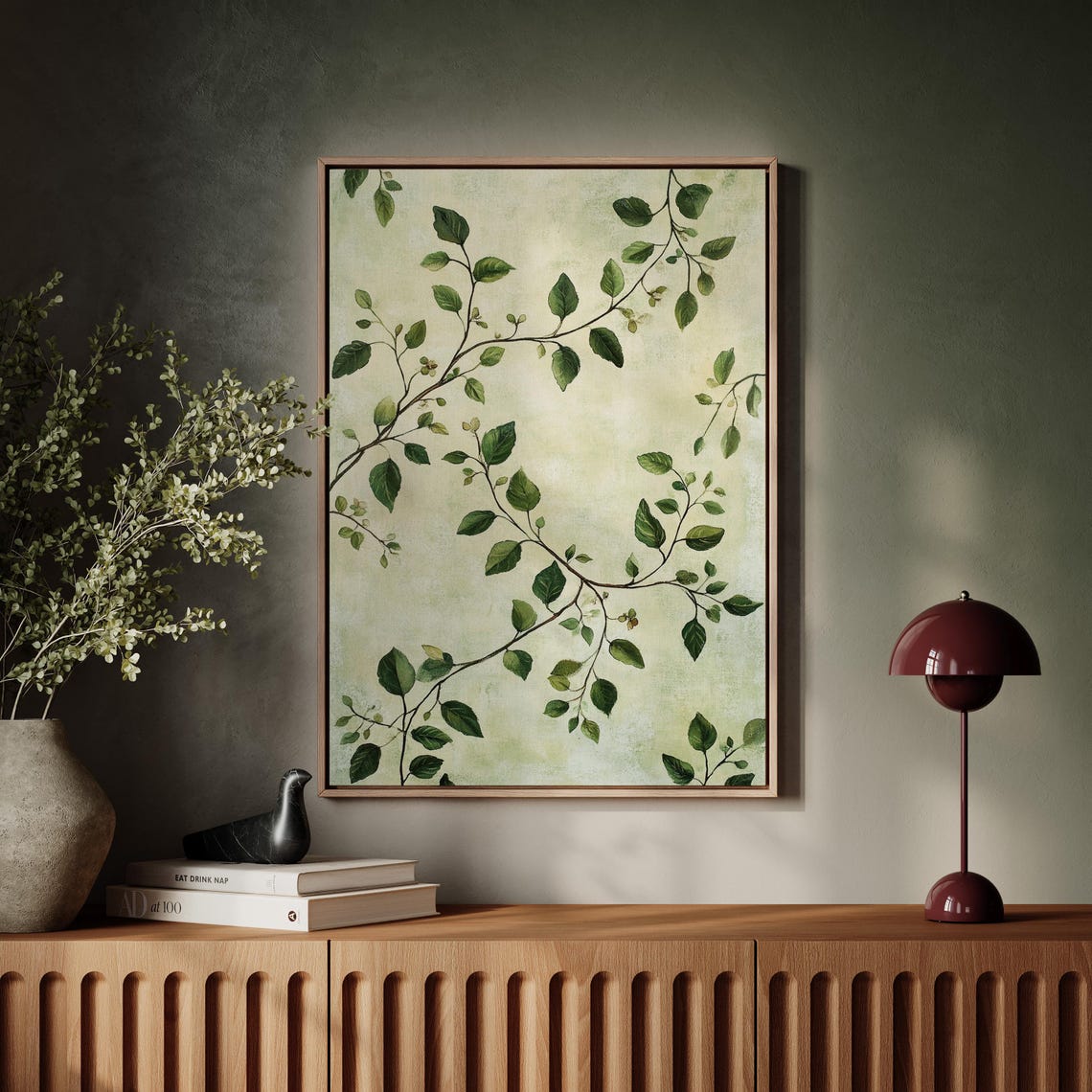 Trailing Green Leafy Vines on Sage Botanical Chinoiserie Art Poster