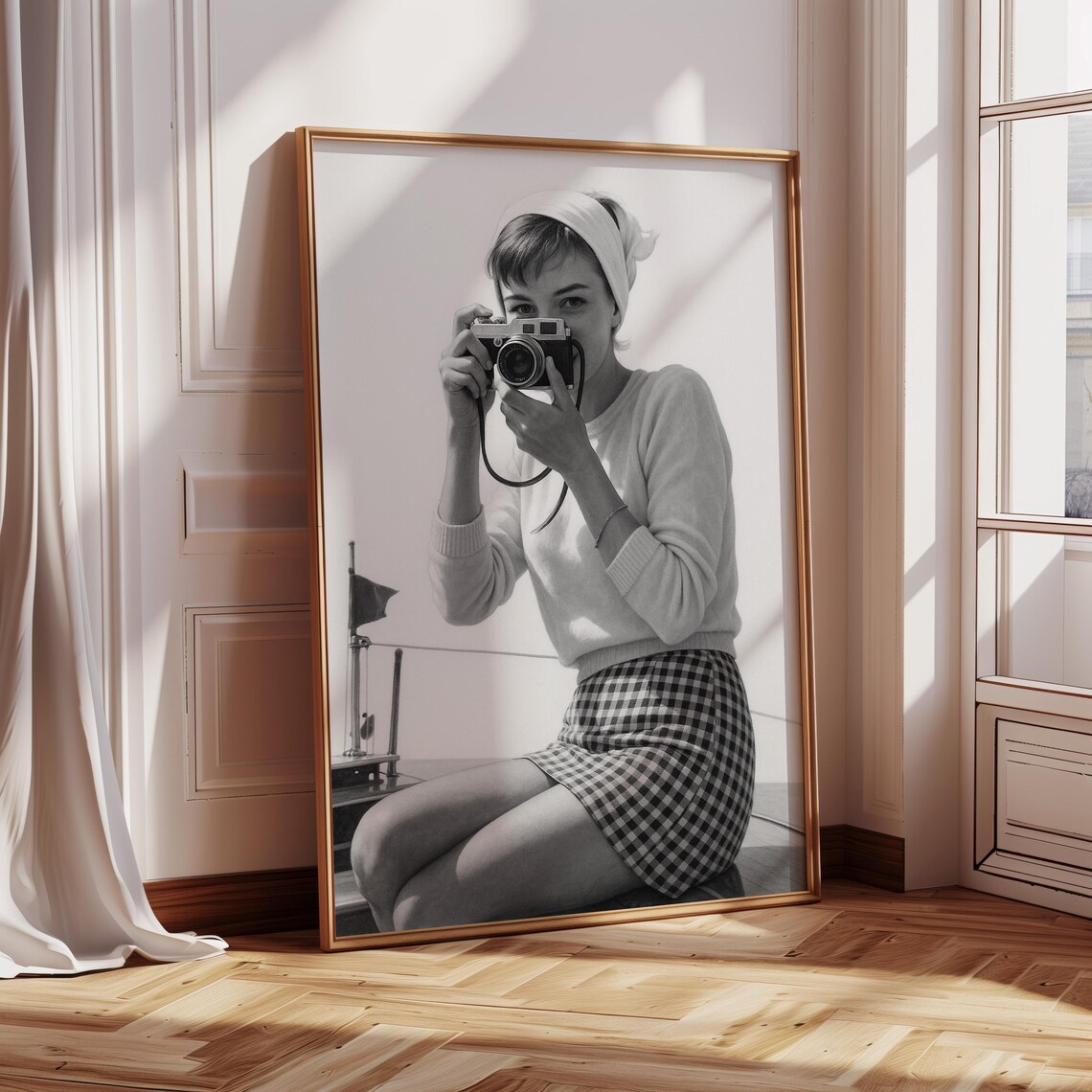 Retro Girl With Camera Poster Black And White Vintage Photography Style Wall Decor