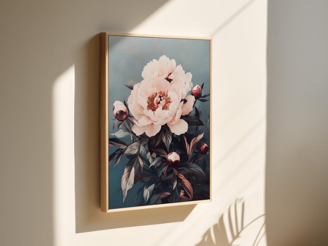 Romantic Pink White Peony Bloom With Buds Teal Floral Wall Art - Image 3