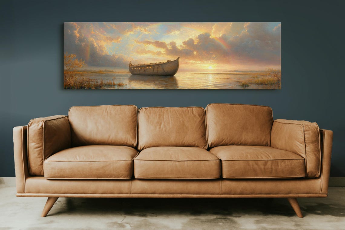 Noahs Ark Rainbow Sunset Biblical Boat Painting Christian Poster - Image 2
