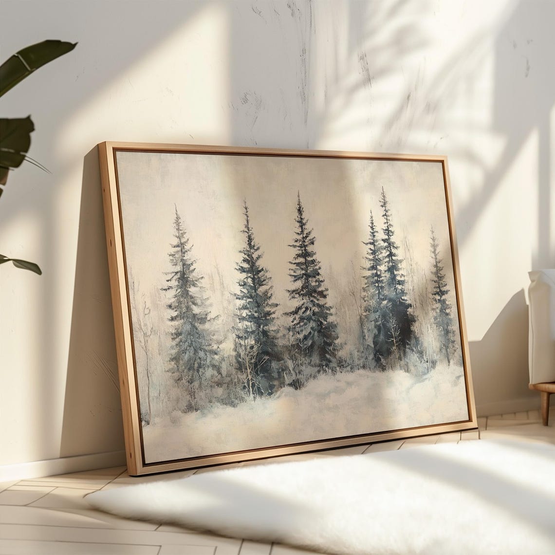 Serene Snowy Pine Forest Mist Winter Watercolor Landscape Poster