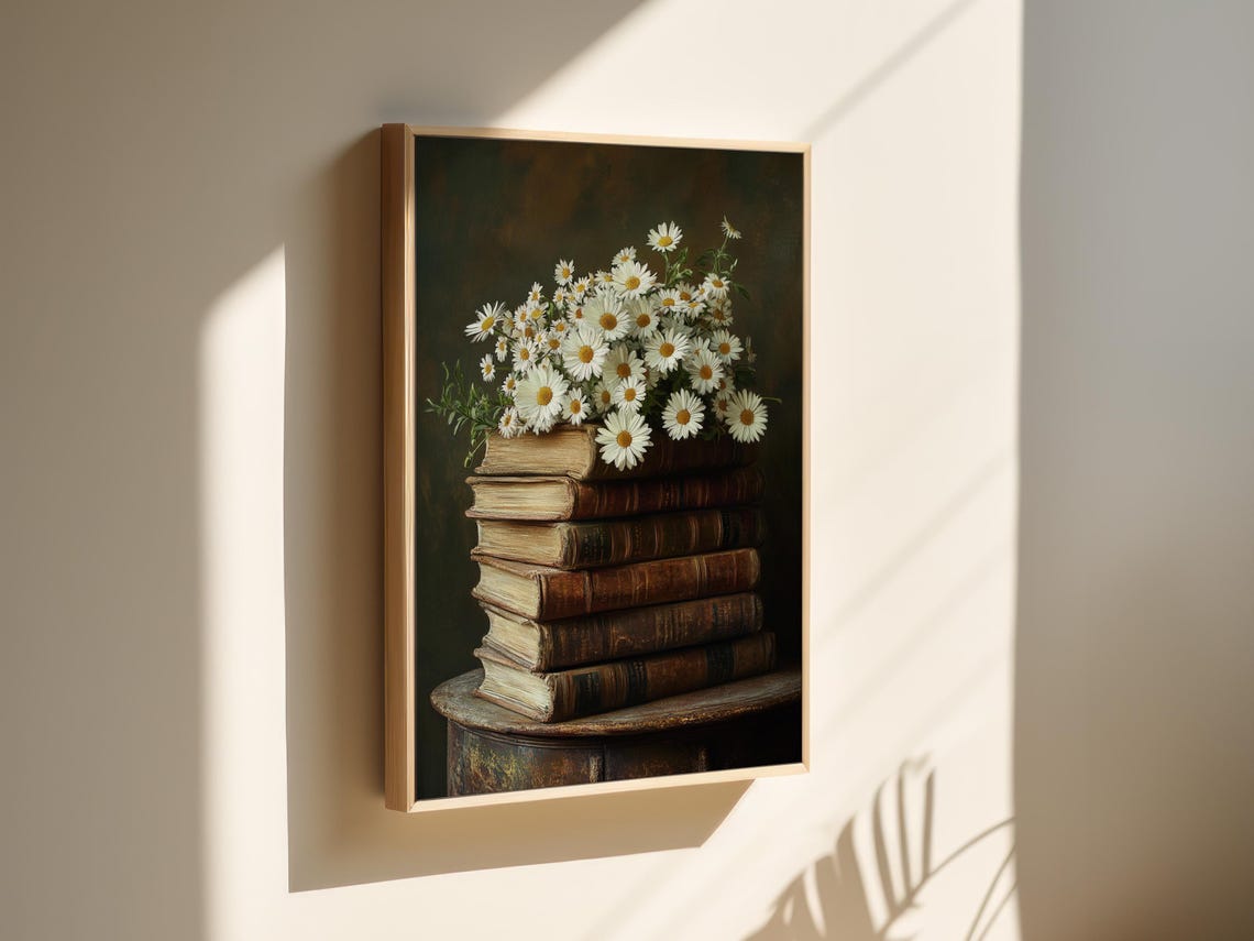 Stack Of Vintage Books Topped With White Daisies Dark Library Wall Art - Image 4